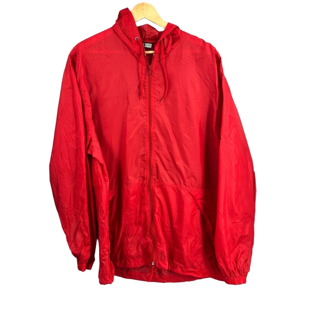 VTG Casual Gear Windbreaker Jacket Red Hooded Zip Up Pockets Lightweight Medium